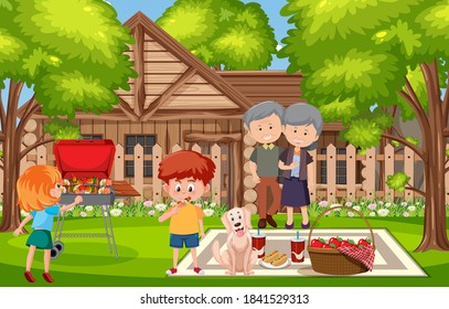 Picnic scene with happy family in the garden illustration