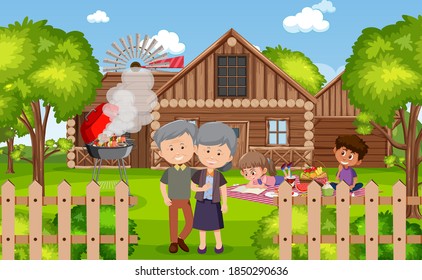 Escena picnic con familia feliz en la ilustración del jardín