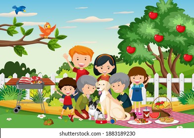 Picnic-Szene mit glücklicher Familie in der Gartengrafik