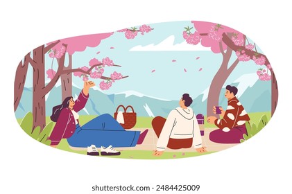 Picknick-Szene mit Sakura. Vektorillustration der Menschen, die während des japanischen Hanami-Festivals einen Park mit Kirschbäumen genießen. Flaches Design Cartoon Aufkleber.