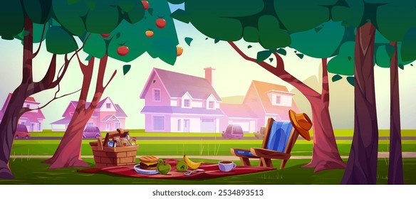 Picnic scene in suburban park. Blanket on grass with food and drinks, basket with snacks, fruits and sandwich under green trees, wooden chair with hat. Suburb houses with cars parked outside.