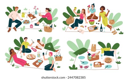 Picnic scenes with people. Friends spend time outdoors, eating food, drinking. Flat cartoon picnic baskets, meals set. Vector illustration of family having lunch in park. Romantic date in nature