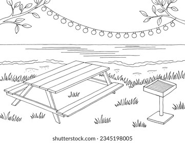 Picnic sea coast graphic black white landscape sketch illustration vector 