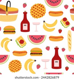 Picnic seamless pattern. Basket, food, fruits, wine, sandwich, hot dog. Spring and summer holidays. Background, digital paper, backdrop.