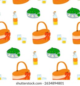 Picnic seamless pattern. Picnic basket with grape and bottle of juice.