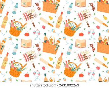 Picnic seamless pattern. Basket with wine and food endless background. BBQ grill cover. Vector flat illustration.