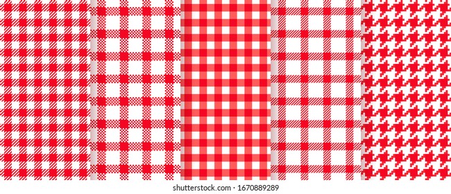 Patrón picnic sin fisuras. Fondo de mantel. Vector. Textura de tela de gingham roja. Impresión de cocina a cuadros con cheque, píxel, cabina. Papel pintado de un país retro. Ilustración de color.