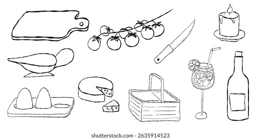Picnic set with basket eggs tomatoes candle cheese lemonade cutting board and bottle
