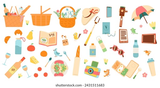 Picnic set. Basket with wine and food, beverages and sunscreen. Spring outdoor holiday activity elements isolated on white background. Summer day meal in park. Vector flat illustration.