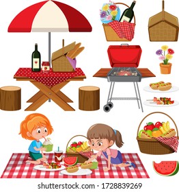 Picnic set with BBQ grill and food on white background illustration