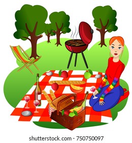 picnic set of cartoon style vector illustration. Images of a person at a picnic
