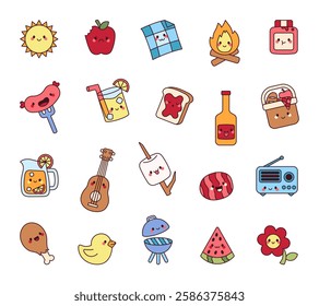 Picnic set with cute kawaii cartoon characters enjoying delicious food, refreshing drinks, cozy blankets, warm campfires, and fun barbecue moments in an outdoor summer atmosphere