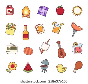 Picnic set with cute object outline clipart featuring food, drink, barbecue, music, nature, summer elements, cozy atmosphere, and outdoor fun moments for creative designs