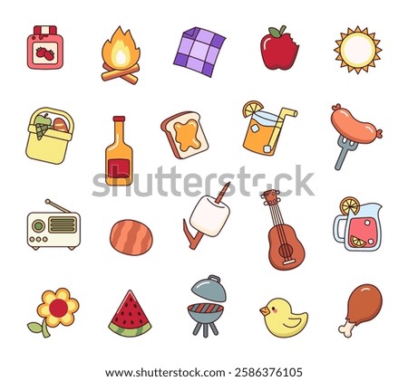 Picnic set with cute object outline clipart featuring food, drink, barbecue, music, nature, summer elements, cozy atmosphere, and outdoor fun moments for creative designs
