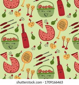 Picnic set with eyes, seamless vector pattern. Summer doodles
