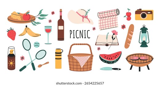 Um piquenique, desenhado à mão sobre um fundo branco. Ilustração vetorial