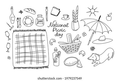 Picnic set. Hand-held picnic basket, drinks, thermos, cups, plates, food, sun hat, and more. Isolated vector illustrations in the doodle style on a white background. For the National Picnic Day