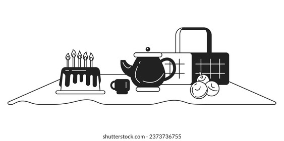 Picnic set monochrome concept vector spot illustration. Birthday cake. Blanket and basket 2D flat bw cartoon objects for web UI design. Isolated editable creative image