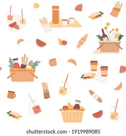 Picnic set of objects. Summer vector illustration with fresh food and drink in basket. Takeaway coffee, sandwiches, lemonade. Seamless pattern for restaurant, market, packaging design of festival.