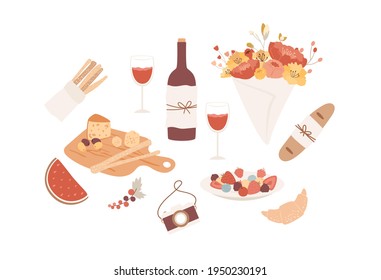 Picnic Set For Romantic Dinner. Bouquet Of Flowers, Cheese Board, Plate Of Fruit And Berries. Collection Of Vector Delicious Elements. Dishes, Red Wine Glasses And Bottle, Baguette And Pastries