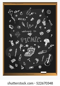 picnic set. Various meals, drinks, objects, sport activities. Vector illustration