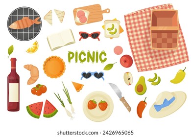 Picknick-Set, Vektor-Elemente im niedlichen Cartoon-Stil. Essen, Tischdecke, Korb. Frühlings- und Sommerferien in der Natur