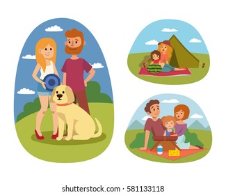 Picnic setting with fresh food hamper basket barbecue resting couple and summer meal party family people lunch garden character vector illustration.