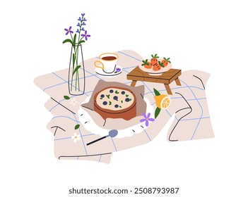 Escenario de picnic con pastel, té, bayas frescas, frutas en estilo acogedor, cottagecore. Pastel, pastel de queso, panadería dulce, flores en florero sobre tela, manta. Ilustración vectorial plana aislada sobre fondo blanco