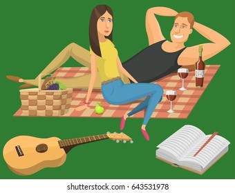 Picnic setting with red wine glasses guitar barbecue resting couple vector character illustration