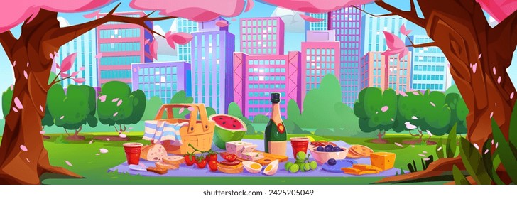 Picknick-Einrichtung mit Korb, Obst und einer Flasche Wein auf Tuch im öffentlichen Stadtpark unter Bäumen mit rosa Blüten. Cartoon Vektor Frühlings-urbane Landschaft mit Essen für draußen Mittagessen auf Gras im Stadtgarten