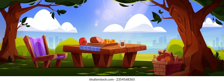 Picnic setup - cartoon table with food, wicker basket and lounge chair in city park under green trees with town skyscrapers on background. Weekend vacation on sunny summer day with lunch in nature.