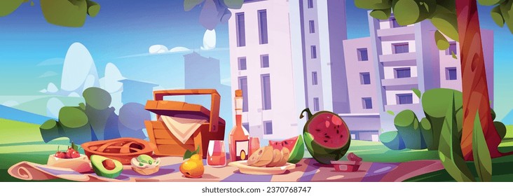 Picnic setup in city park near multistorey buildings. Cartoon vector of summer outdoor lunch in town garden with blanket on grass, wicker basket, bread and snack, fruits and berries and bottle of wine