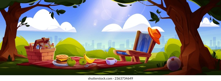 Picnic setup at city park over skyline of multistory buildings. Snacks in wicker basket, hamburger and fruits on blanket and lounge chair with hat. Relaxation with food in town park - cartoon vector.