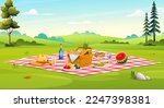 Picnic setup composed of basket with food, fruits, sandwiches, cupcakes vector illustration