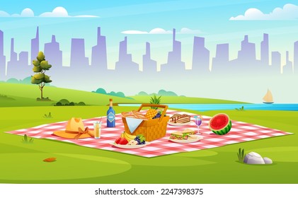 Picnic setup composed of basket with food, fruits, sandwiches in the park vector illustration