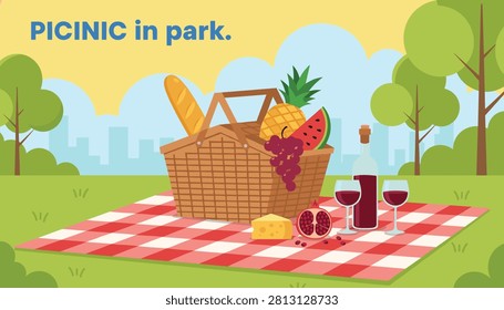 Picnic setup in a green park with a wicker basket full of fruits, bread, and a bottle of wine on a red checkered blanket.