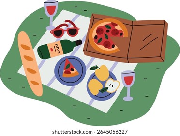 Un picnic en el césped con pizza, vino y fruta en un estilo lúdico. La escena incluye una baguette, gafas y gafas de sol en una manta a rayas. Ilustración vectorial de dibujos animados.