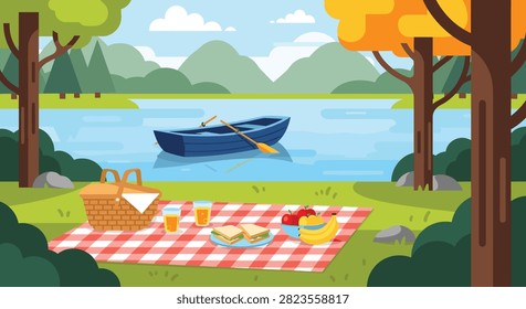Picnic setup with red checkered blanket, food basket, and fruit near lake with blue boat floating on water in nature.