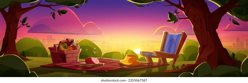 Picnic setup at sunset or sunrise against skyline of town multistory buildings. Fruits in wicker basket, ham and hat on blanket and lounge chair. Leisure with food in city park - cartoon vector.