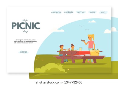 Picnic shop flat landing page vector template. Outdoor leisure, camping website, webpage. Two cheerful kids and smiling woman cartoon characters. BBQ party. Family vacation color web banner concept