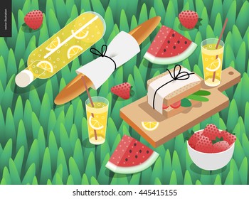 Picnic snack and grass template - vector cartoon flat illustration of snack and drink for picnic - bottle and glass of lemonade, baguette, watermelon, sandwich, on a green grass background svg