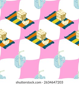 Picnic Snack Summer Pattern Design — popcorn, chips, and water jugs on striped picnic mats, seamless cartoon-style pattern with playful pink checkered background.