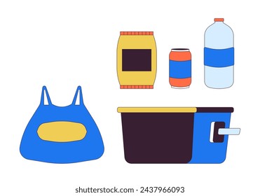 Picnic snacks beverages 2D linear cartoon objects set. Camping food and drink isolated line vector elements white background. Beer cooler, plastic bag color flat spot illustration collection