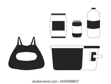 Picnic snacks beverages black and white 2D line cartoon objects set. Camping food and drink isolated vector outline items collection. Beer cooler, plastic bag monochromatic flat spot illustrations