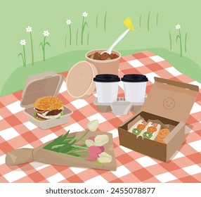 Picnic with snacks and tulip on green lawn illustration.