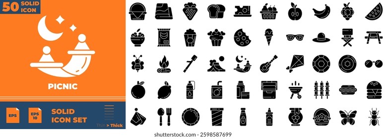 Picnic Solid Editable Icons set. Vector illustration in modern thin solid style of picnic icons: Basket, fruit, barbecue, badminton, etc