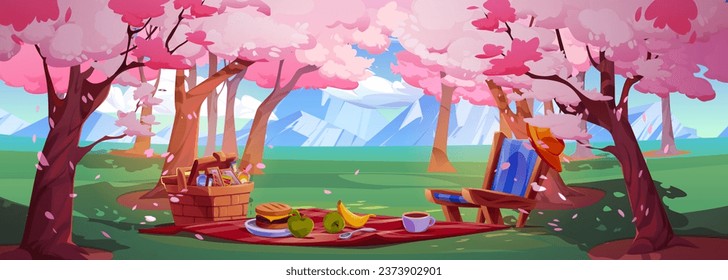 Picnic in spring sakura park cartoon background. Pink cherry flower blossom tree above food basket, blanket and chair. Outdoor public Hanami party in forest with snack, fruit and sandwich on mat.