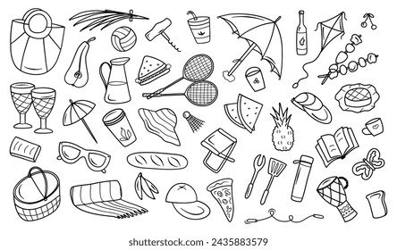 Picnic summer doodle set. Basket, fruit, wine, barbecue, badminton, camp, thermos in sketch style. Hand drawn vector illustration