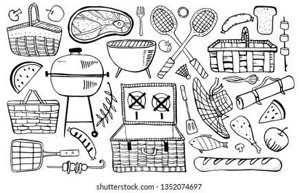 Picnic, summer eating out and barbecue objects set. Outline vector sketch illustration isolated black on white background