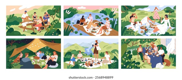 Picnic in summer nature, set. Happy people groups relaxing with food outdoors. Families and friends gathering, relaxation in park, garden, by lake, at backyard table. Flat vector illustrations